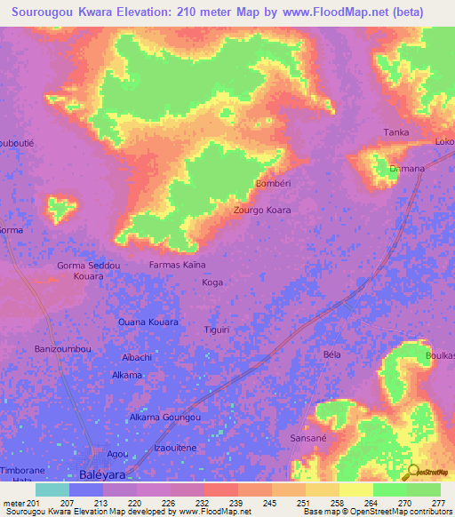 Sourougou Kwara,Niger Elevation Map