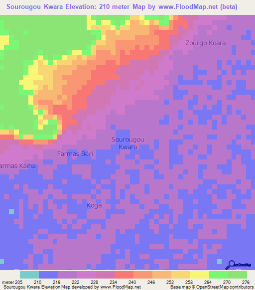 Sourougou Kwara,Niger Elevation Map