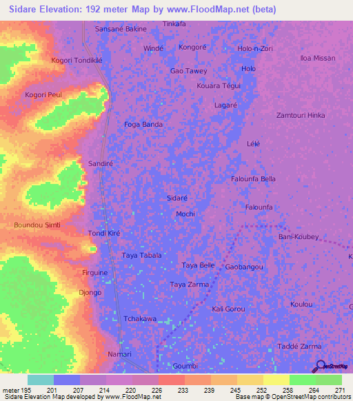 Sidare,Niger Elevation Map