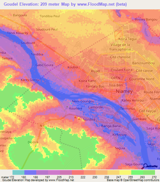 Goudel,Niger Elevation Map