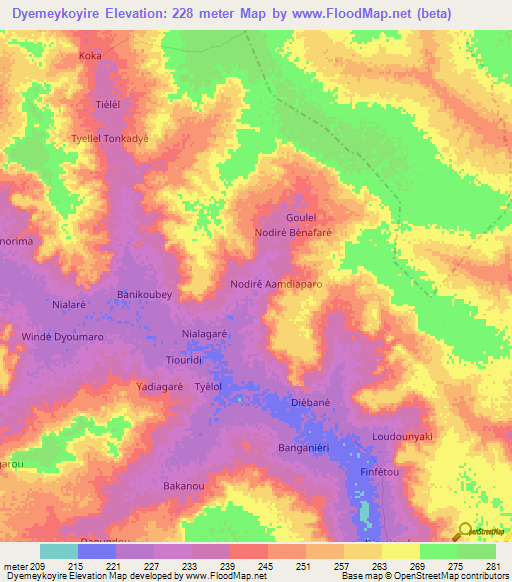 Dyemeykoyire,Niger Elevation Map