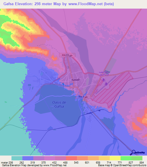 Gafsa,Tunisia Elevation Map