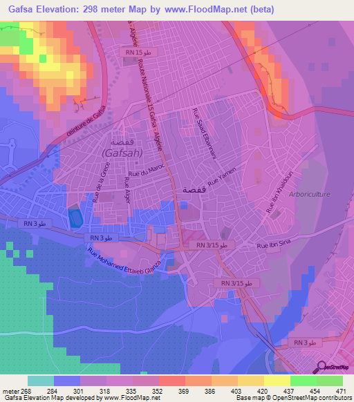 Gafsa,Tunisia Elevation Map