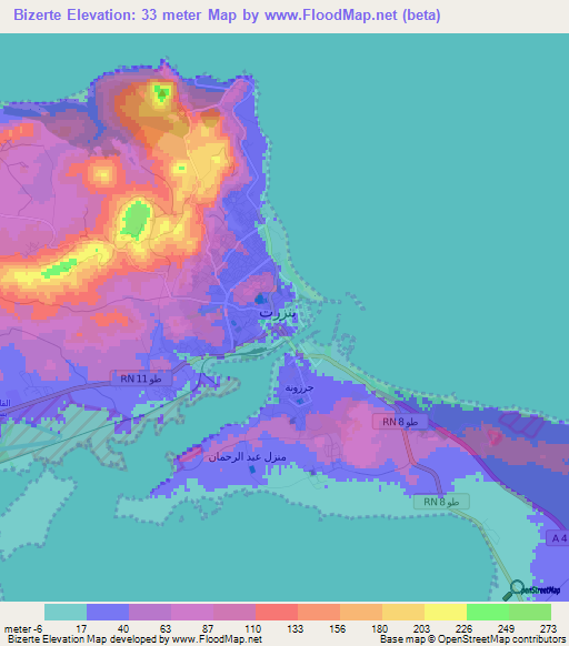 Bizerte,Tunisia Elevation Map