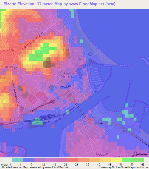 Bizerte,Tunisia Elevation Map