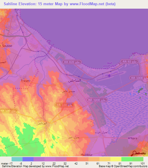 Sahline,Tunisia Elevation Map