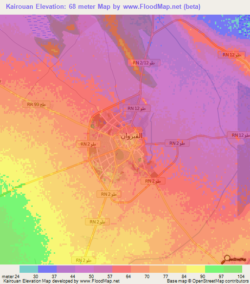 Kairouan,Tunisia Elevation Map