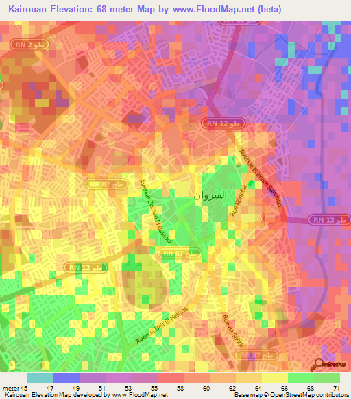 Kairouan,Tunisia Elevation Map