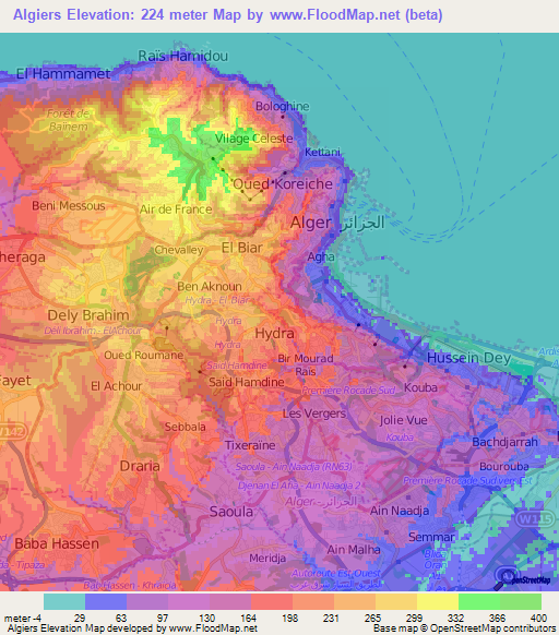 Algiers,Algeria Elevation Map