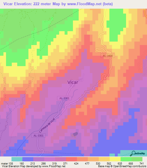 Vicar,Spain Elevation Map