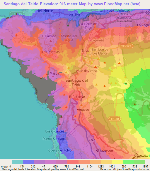 Santiago del Teide,Spain Elevation Map