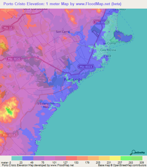 Porto Cristo,Spain Elevation Map