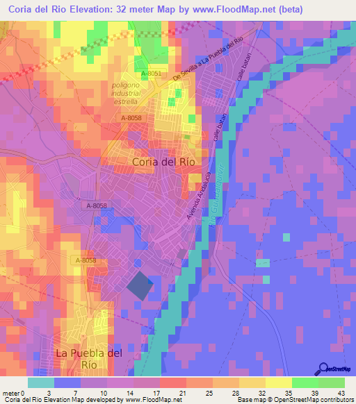 Coria del Rio,Spain Elevation Map