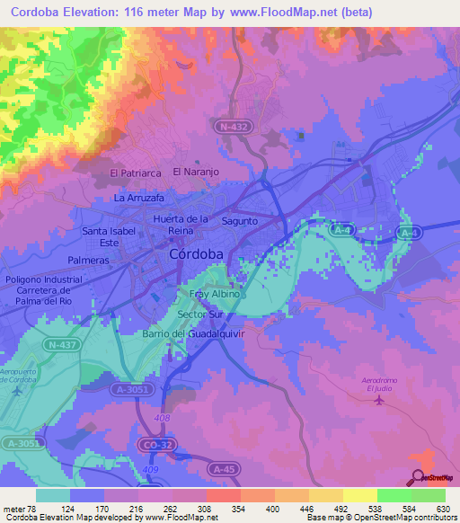 Cordoba,Spain Elevation Map