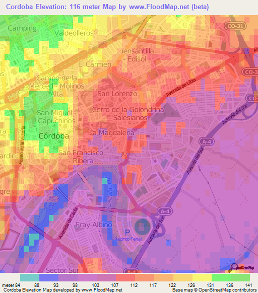 Cordoba,Spain Elevation Map