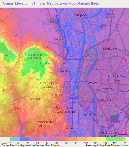 Camas,Spain Elevation Map