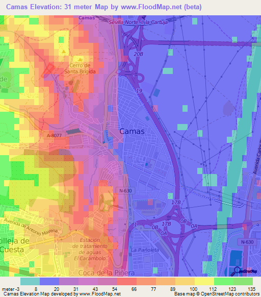 Camas,Spain Elevation Map