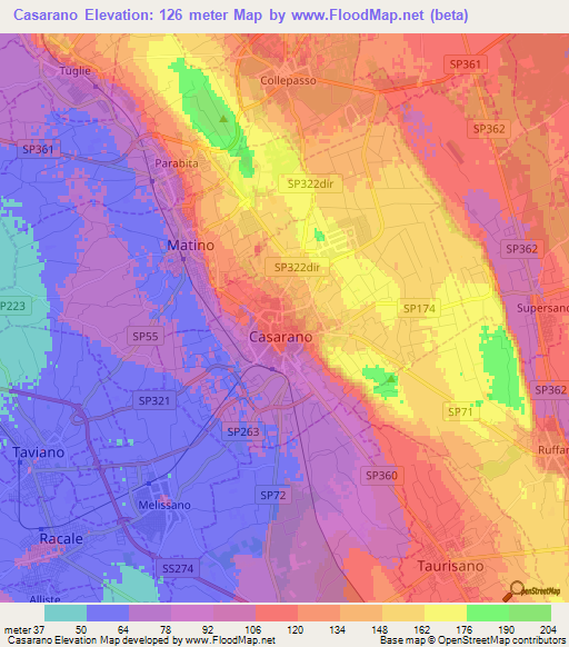 Casarano,Italy Elevation Map