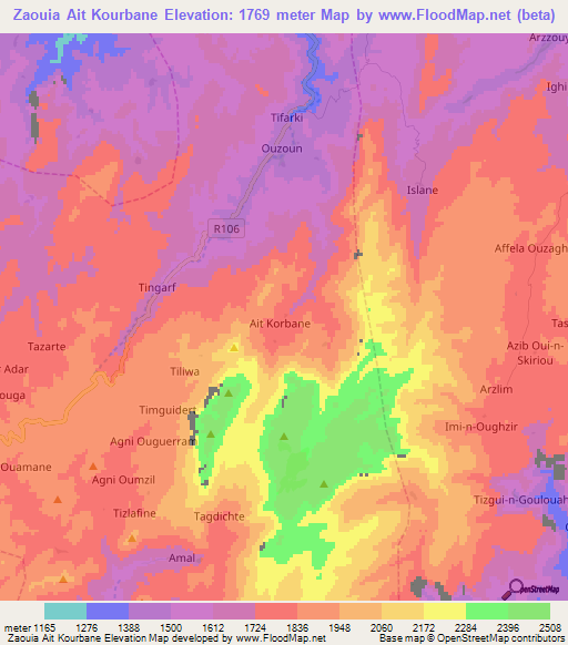 Zaouia Ait Kourbane,Morocco Elevation Map