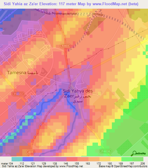 Sidi Yahia az Za'er,Morocco Elevation Map