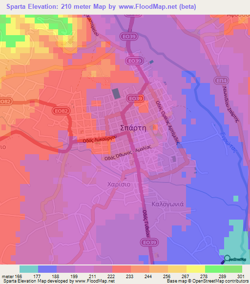 Sparta,Greece Elevation Map