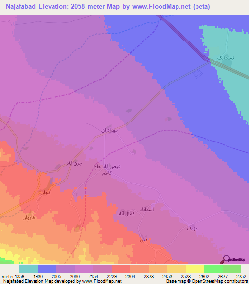 Najafabad,Iran Elevation Map