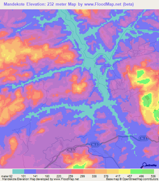 Mandekote,Guinea Elevation Map