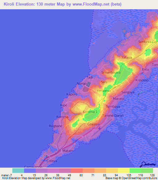 Kiroli,Guinea Elevation Map