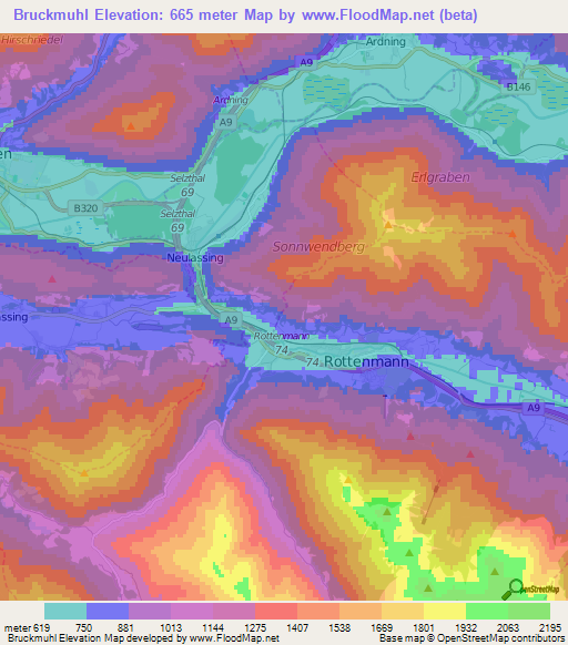 Bruckmuhl,Austria Elevation Map