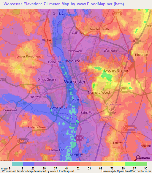 Worcester,UK Elevation Map