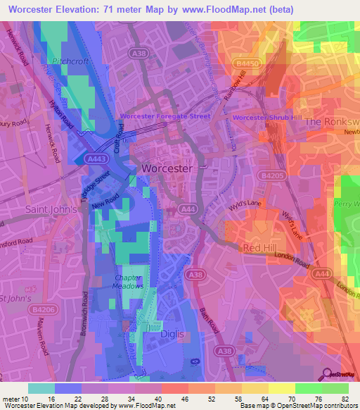 Worcester,UK Elevation Map