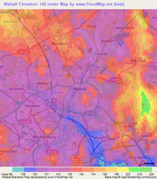 Walsall,UK Elevation Map