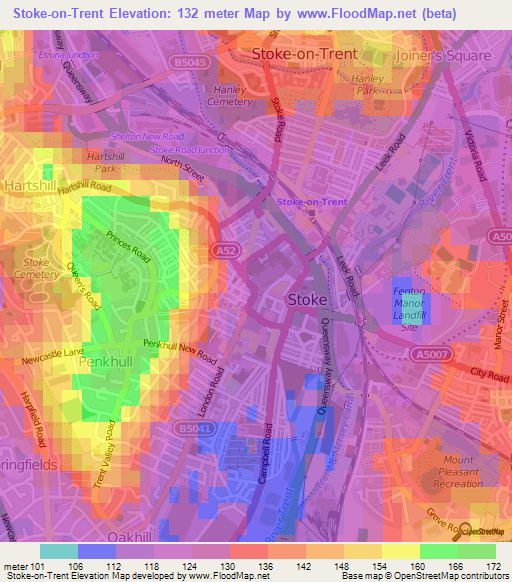 Stoke-on-Trent,UK Elevation Map