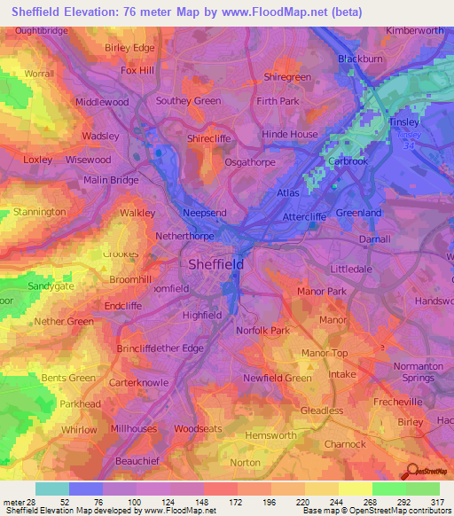 Sheffield,UK Elevation Map