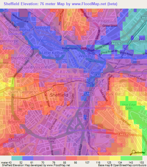 Sheffield,UK Elevation Map