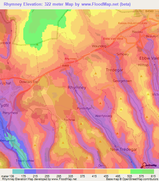 Rhymney,UK Elevation Map