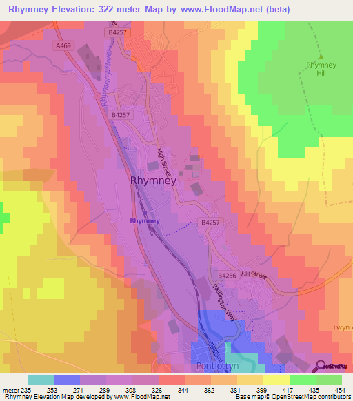 Rhymney,UK Elevation Map