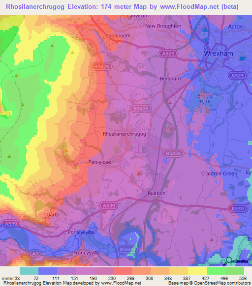 Elevation of Rhosllanerchrugog,UK Elevation Map, Topography, Contour