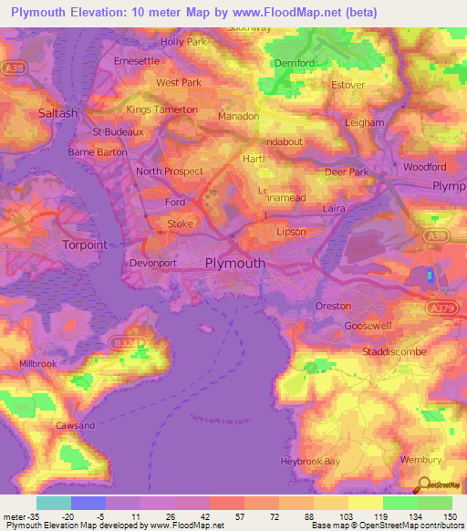 Plymouth,UK Elevation Map