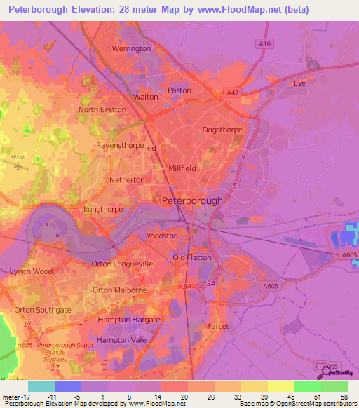 Peterborough,UK Elevation Map