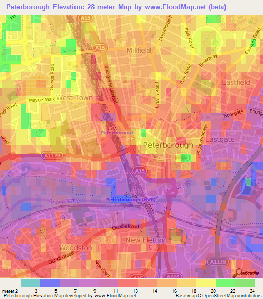 Peterborough,UK Elevation Map