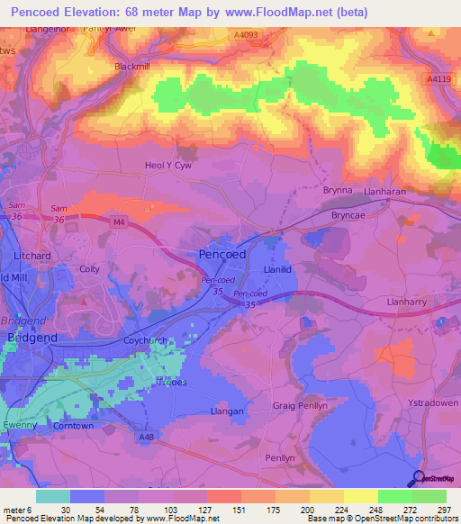 Pencoed,UK Elevation Map