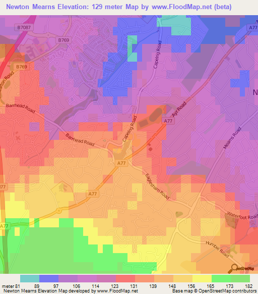 Newton Mearns,UK Elevation Map