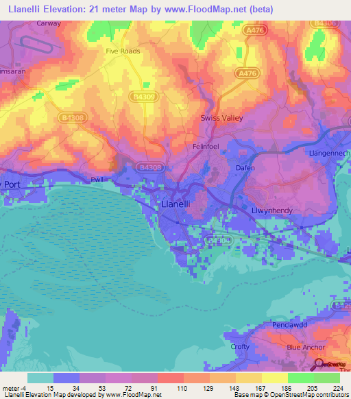 Llanelli,UK Elevation Map