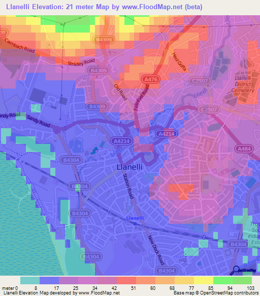 Llanelli,UK Elevation Map