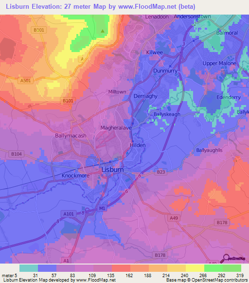 Lisburn,UK Elevation Map