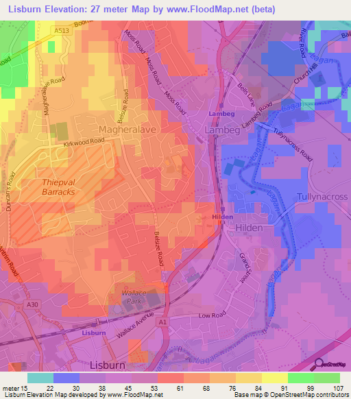 Lisburn,UK Elevation Map