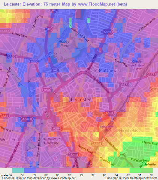 Leicester,UK Elevation Map