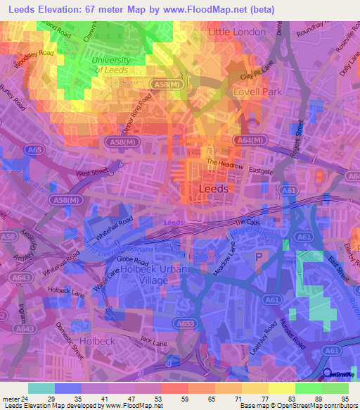 Leeds,UK Elevation Map