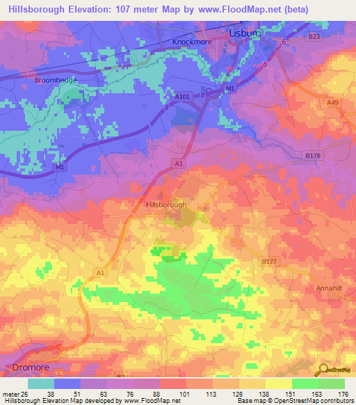 Hillsborough,UK Elevation Map